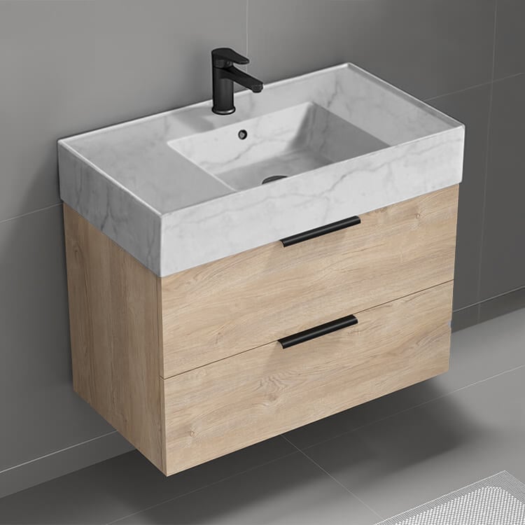 Nameeks DERIN117 Modern Bathroom Vanity With Marble Design Sink, Wall Mounted, Single, 32 Inch, Brown Oak