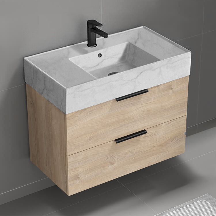 Bathroom Vanity Modern Bathroom Vanity With Marble Design Sink, Wall Mounted, Single, 32 Inch, Brown Oak Nameeks DERIN117