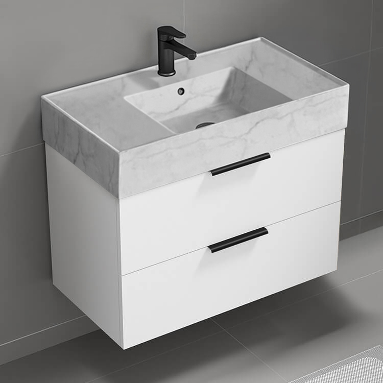 Nameeks DERIN118 32 Inch Bathroom Vanity With Marble Design Sink, Modern, Wall Mount, Glossy White
