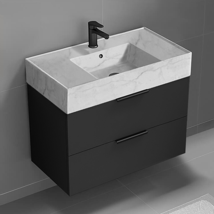 Nameeks DERIN119 Black Bathroom Vanity With Marble Design Sink, Modern, 32 Inch
