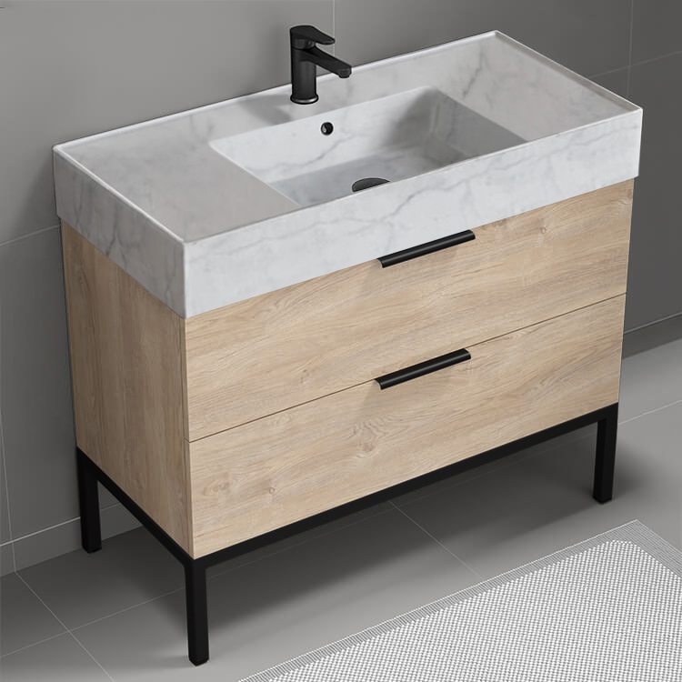 Nameeks DERIN121 Modern Bathroom Vanity With Marble Design Sink, Floor Standing, 40 Inch, Brown Oak