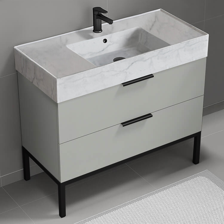 Nameeks DERIN124 Free Standing Bathroom Vanity With Marble Design Sink, Modern, 40 Inch, Grey Mist