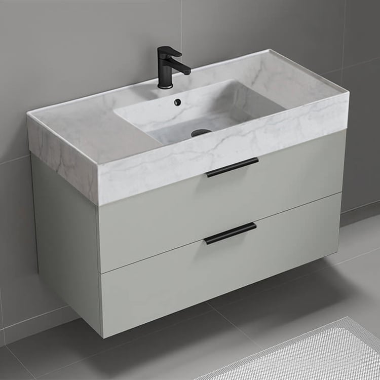 Nameeks DERIN128 40 Inch Bathroom Vanity With Marble Design Sink, Wall Mounted, Grey Mist