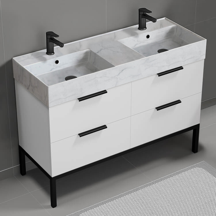 Nameeks DERIN130 48 Inch Bathroom Vanity With Marble Design Sink, Double Sink, Free Standing, Modern, Glossy White