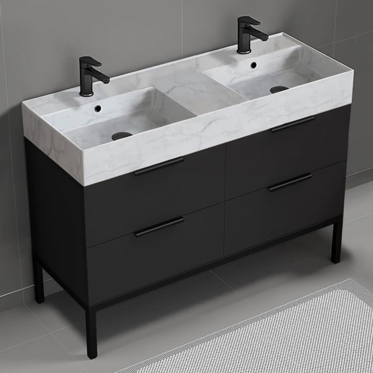 Nameeks DERIN131 48 Inch Bathroom Vanity With Marble Design Sink, Double Sink, Modern, Floor Standing, Matte Black
