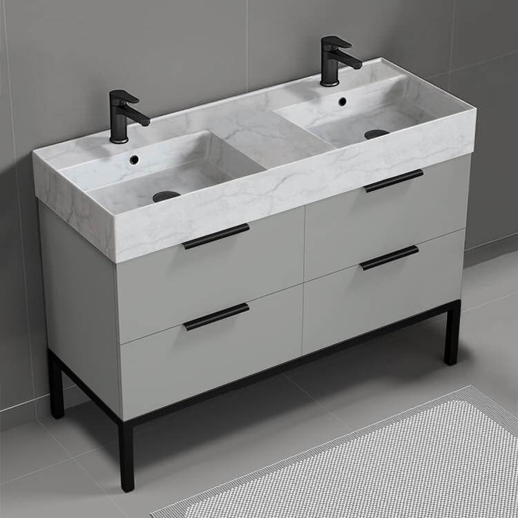 Nameeks DERIN132 Double Bathroom Vanity With Marble Design Sink, Free Standing, 48 Inch, Grey Mist