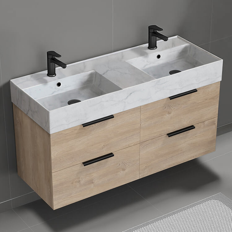 Nameeks DERIN133 48 Inch Bathroom Vanity With Marble Design Sink, Double Sink, Wall Mount, Modern, Brown Oak