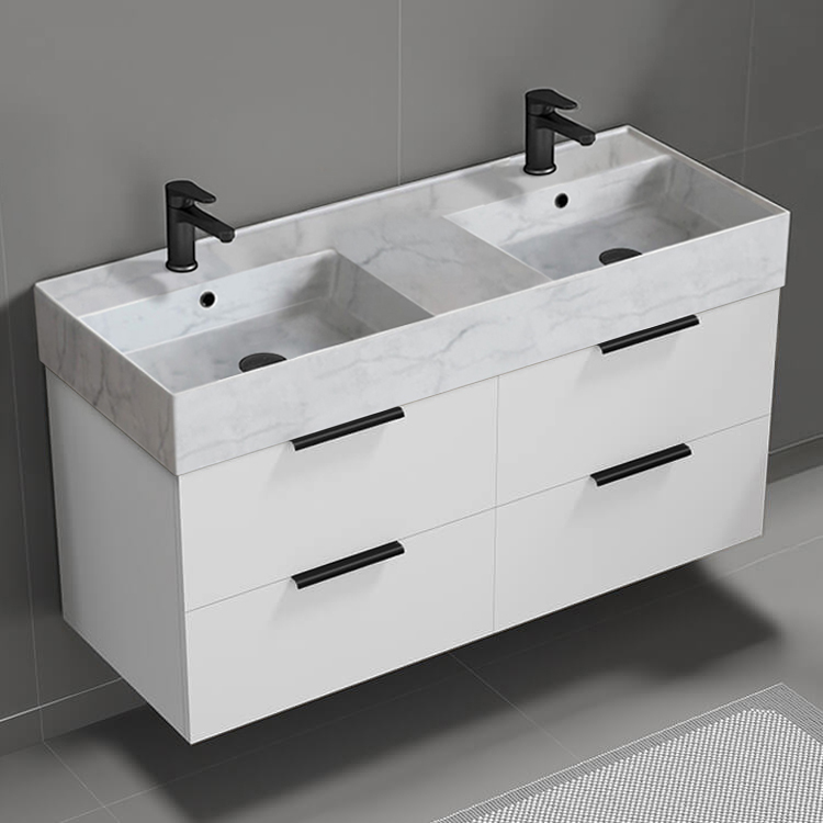 Nameeks DERIN134 48 Inch Bathroom Vanity With Marble Design Sink, Double Sink, Modern, Wall Mounted, Glossy White