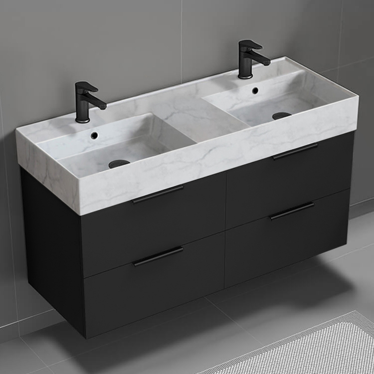Nameeks DERIN135 Double Bathroom Vanity With Marble Design Sink, Wall Mount, 48 Inch, Matte Black