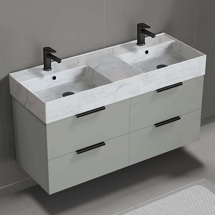 Nameeks DERIN136 48 Inch Bathroom Vanity With Marble Design Sink, Double Sink, Floating, Modern, Grey Mist