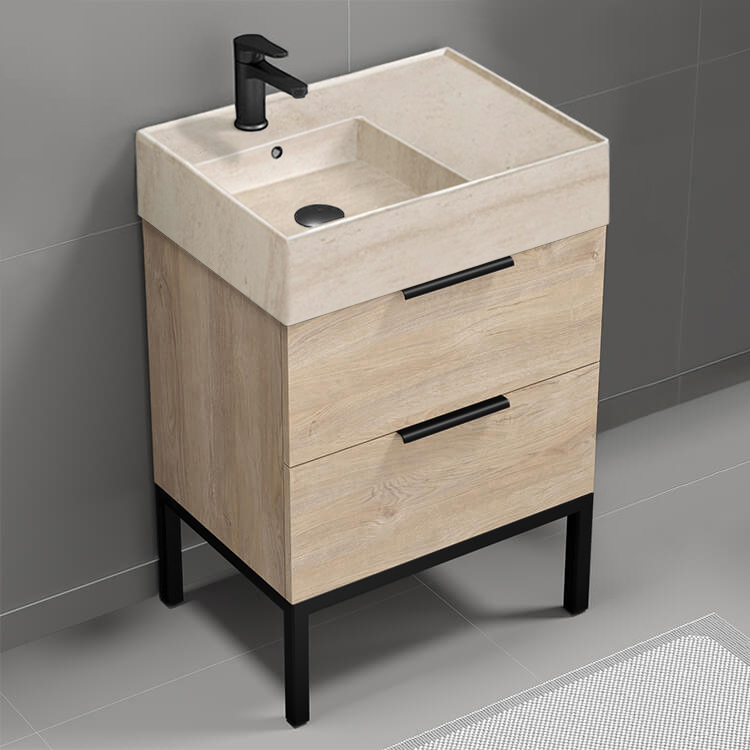 Nameeks DERIN137 Modern Bathroom Vanity With Beige Travertine Design Sink, Free Standing, 24 Inch, Brown Oak