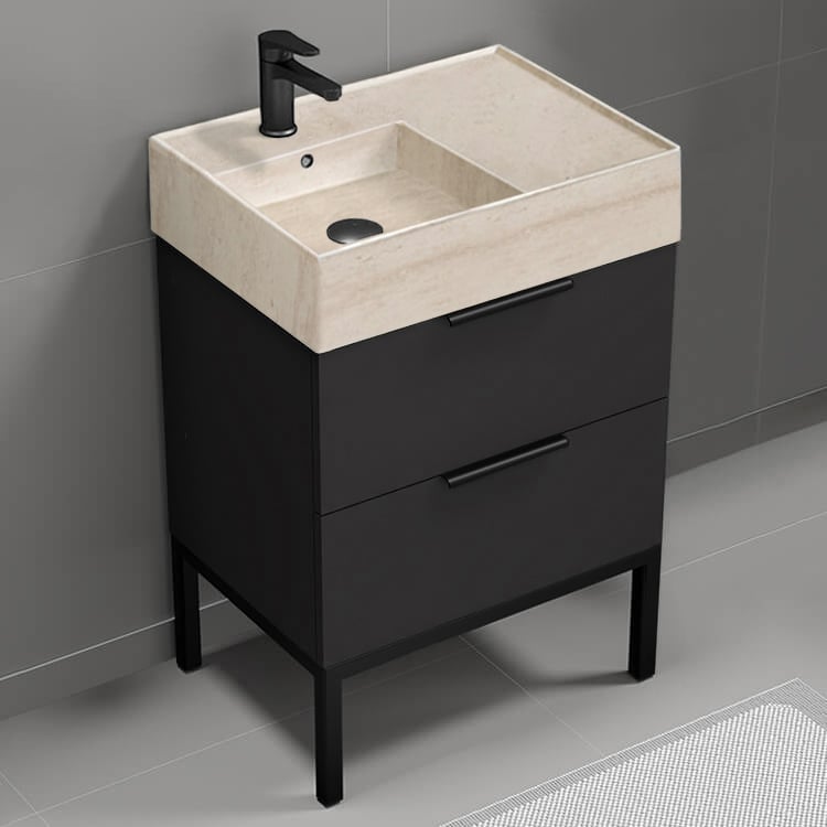 Nameeks DERIN138 Modern Bathroom Vanity With Beige Travertine Design Sink, Free Standing, 24 Inch, Matte Black