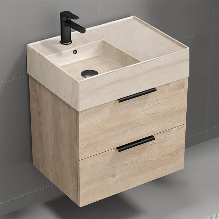 Nameeks DERIN139 Modern Bathroom Vanity With Beige Travertine Design Sink, Small, Floating, 24 Inch, Brown Oak