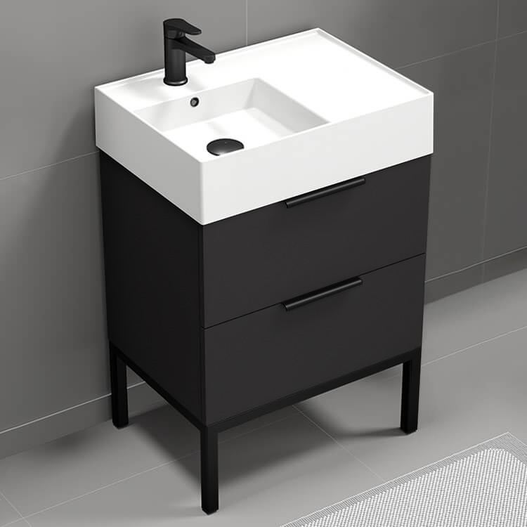 Nameeks DERIN13 24 Inch Modern Free Standing Single Bathroom Vanity With Ceramic Sink Top, Matte Black
