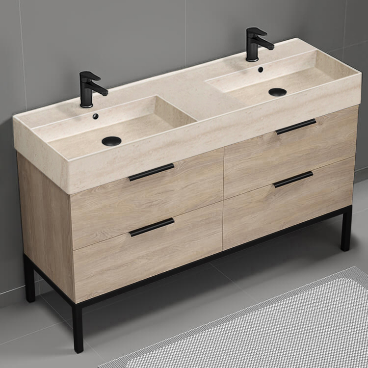 Nameeks DERIN141 Double Bathroom Vanity With Beige Travertine Design Sink, Floor Standing, 56 Inch, Brown Oak