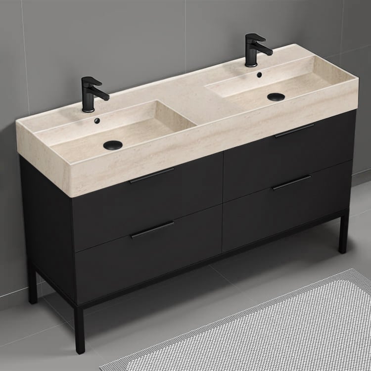 Nameeks DERIN142 Double Bathroom Vanity With Beige Travertine Design Sink, Floor Standing, 56 Inch, Matte Black