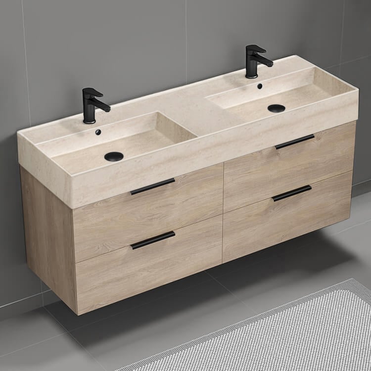 Nameeks DERIN143 Double Bathroom Vanity With Beige Travertine Design Sink, Wall Mounted, 56 Inch, Brown Oak