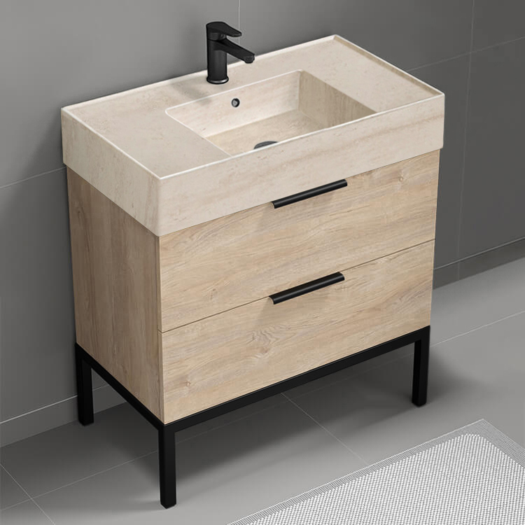 Nameeks DERIN145 Modern Bathroom Vanity With Beige Travertine Design Sink, Free Standing, 32 Inch, Brown Oak