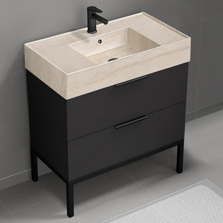 Nameeks DERIN146 Black Bathroom Vanity With Beige Travertine Design Sink, Modern, Free Standing, 32 Inch