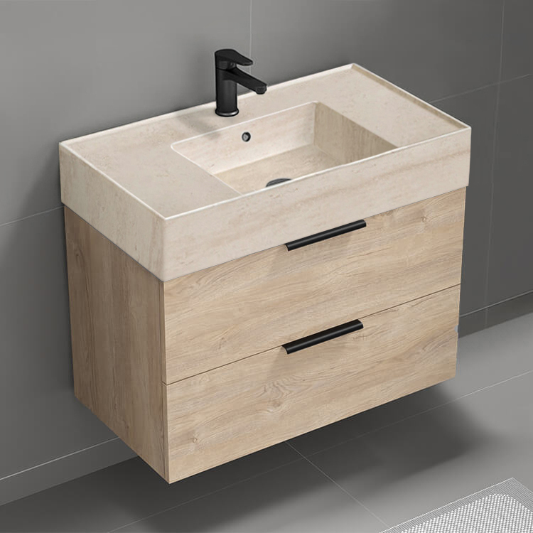 Nameeks DERIN147 Modern Bathroom Vanity With Beige Travertine Design Sink, Wall Mounted, Single, 32 Inch, Brown Oak