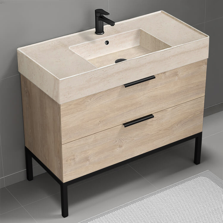 Nameeks DERIN149 Modern Bathroom Vanity With Beige Travertine Design Sink, Floor Standing, 40 Inch, Brown Oak