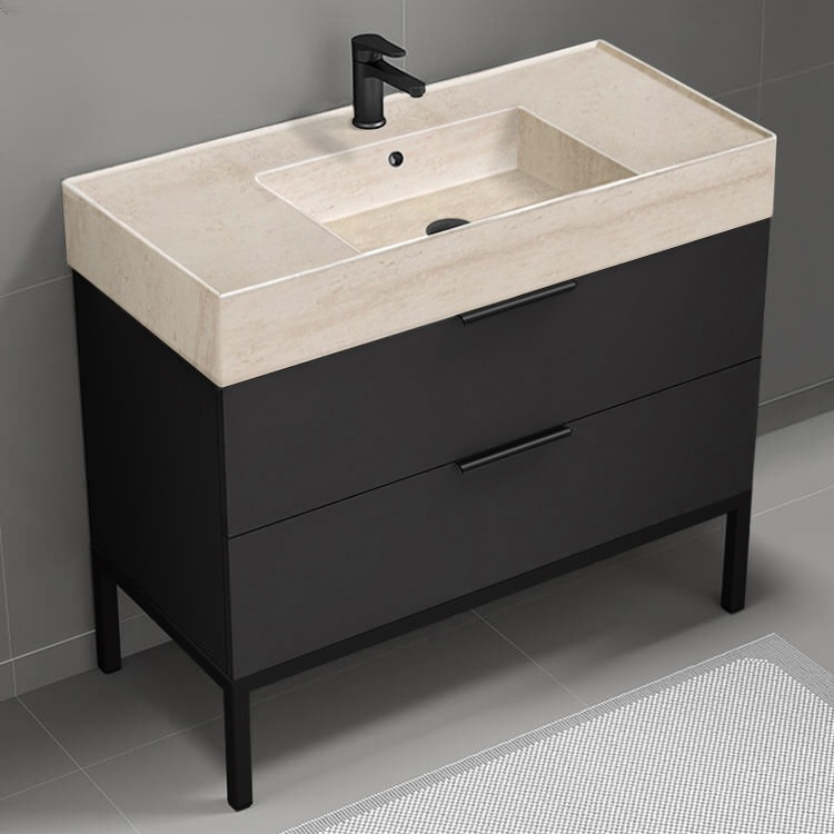 Nameeks DERIN150 40 Inch Bathroom Vanity With Beige Travertine Design Sink, Floor Standing, Modern, Matte Black