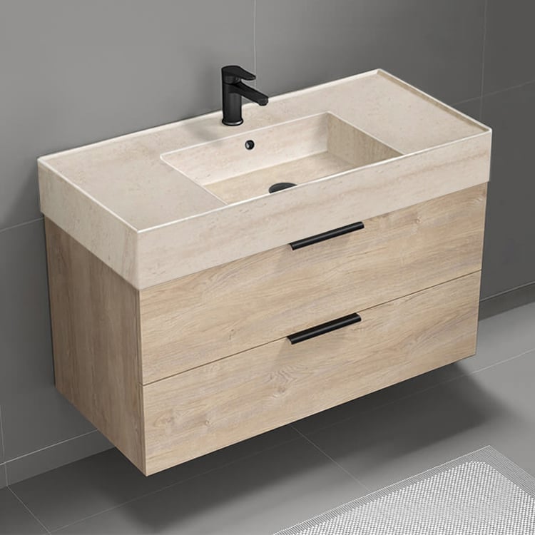 Nameeks DERIN151 Modern Bathroom Vanity With Beige Travertine Design Sink, 40 Inch, Wall Mounted, Brown Oak
