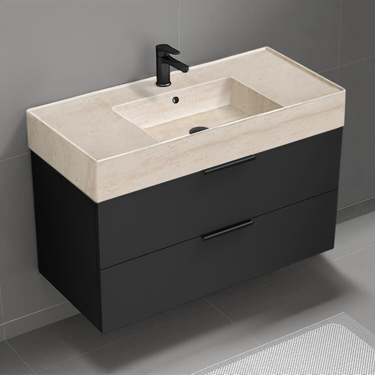 Nameeks DERIN152 Wall Mounted Bathroom Vanity With Beige Travertine Design Sink, Modern, Single, 40 Inch, Matte Black