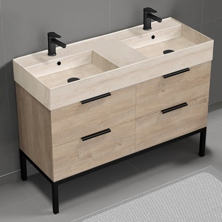 Nameeks DERIN153 Double Bathroom Vanity With Beige Travertine Design Sink, Floor Standing, 48 Inch, Brown Oak