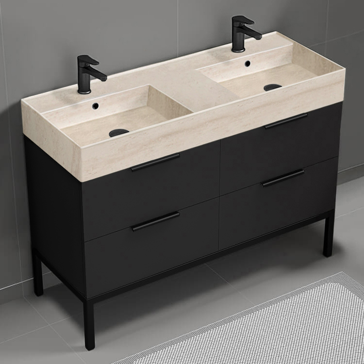 Nameeks DERIN154 48 Inch Bathroom Vanity With Beige Travertine Design Sink, Double Sink, Modern, Floor Standing, Matte Black