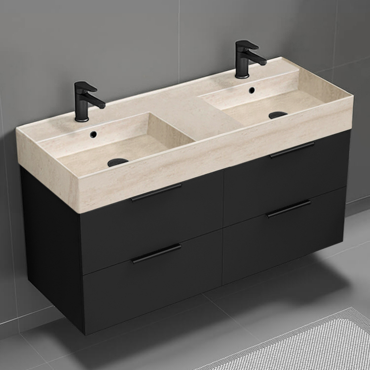 Nameeks DERIN156 Double Bathroom Vanity With Beige Travertine Design Sink, Wall Mount, 48 Inch, Matte Black