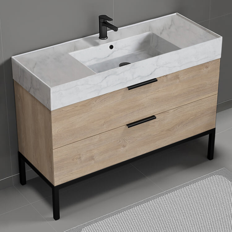 Nameeks DERIN157 Modern Bathroom Vanity With Marble Design Sink, Free Standing, 48 Inch, Brown Oak