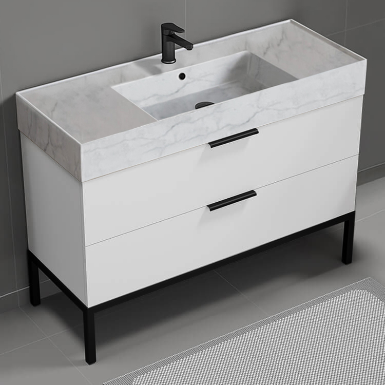 Nameeks DERIN158 Modern Bathroom Vanity With Marble Design Sink, Floor Standing, 48 Inch, Glossy White