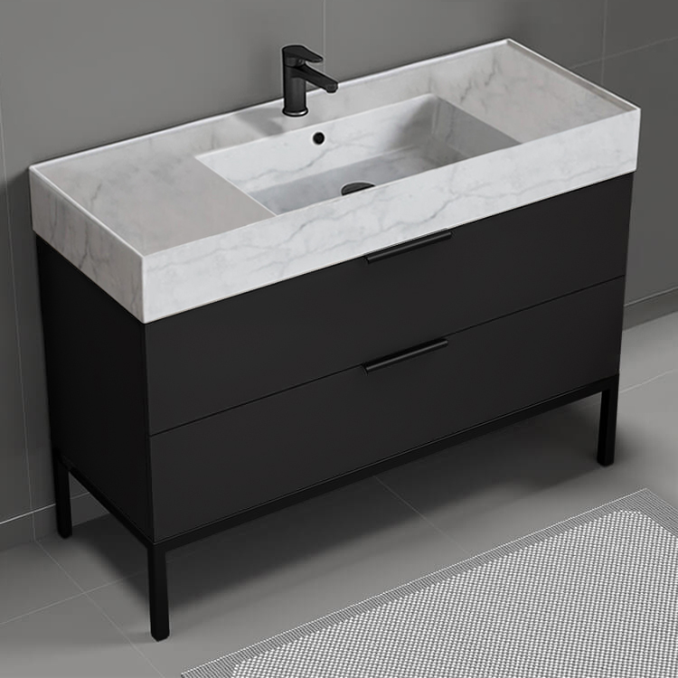 Nameeks DERIN159 48 Inch Bathroom Vanity With Marble Design Sink, Free Standing, Matte Black