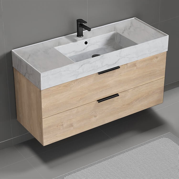 Nameeks DERIN161 48 Inch Bathroom Vanity With Marble Design Sink, Floating, Brown Oak
