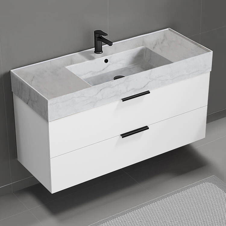 Nameeks DERIN162 Modern Bathroom Vanity With Marble Design Sink, Wall Mounted, 48 Inch, Glossy White