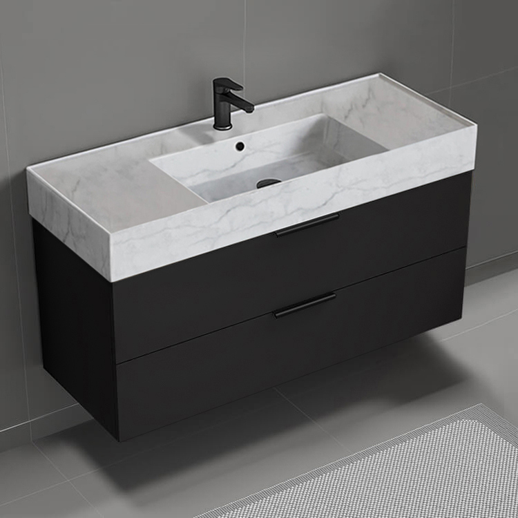 Nameeks DERIN163 Modern Bathroom Vanity With Marble Design Sink, Wall Mount, 48 Inch, Matte Black