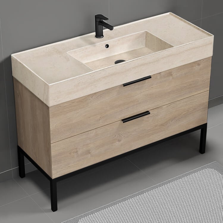 Nameeks DERIN165 Modern Bathroom Vanity With Beige Travertine Design Sink, Free Standing, 48 Inch, Brown Oak