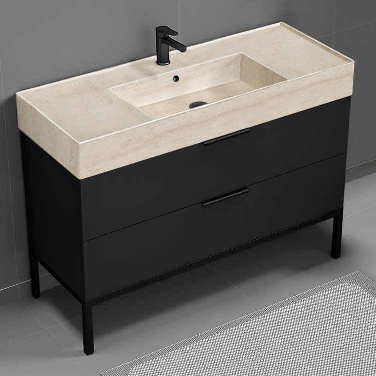 Nameeks DERIN166 48 Inch Bathroom Vanity With Beige Travertine Design Sink, Free Standing, Matte Black