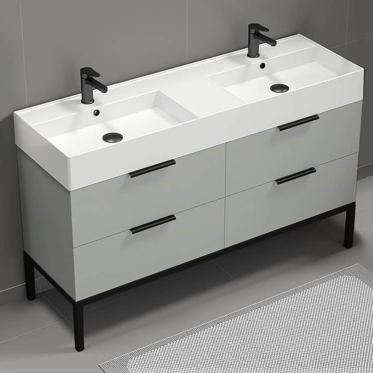 Nameeks DERIN24 56 Inch Bathroom Vanity, Double Sink, Free Standing, Modern, Grey Mist