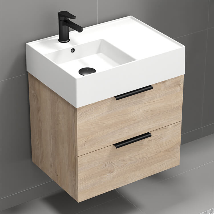 Nameeks DERIN25 24 Inch Small Floating Single Bathroom Vanity With Ceramic Sink Top, Brown Oak