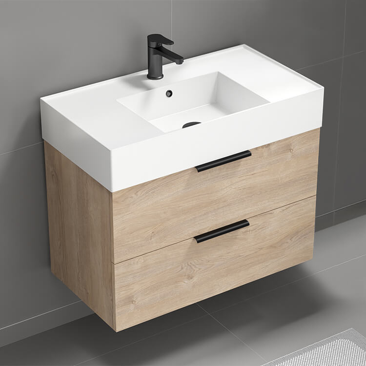 Nameeks DERIN26 32 Inch Modern Wall Mounted Single Bathroom Vanity With Ceramic Sink Top, Brown Oak
