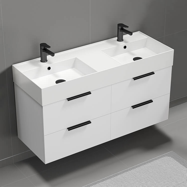Nameeks DERIN35 48 Inch Wall Mounted Double Bathroom Vanity With Ceramic Sink Top, Glossy White