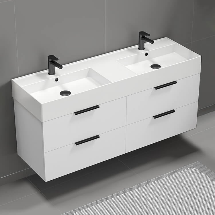 Nameeks DERIN36 56 Inch Bathroom Vanity, Double Sink, Wall Mount, Modern, Glossy White