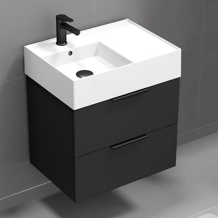 Nameeks DERIN37 24 Inch Modern Wall Mounted Single Bathroom Vanity With Ceramic Sink Top, Matte Black