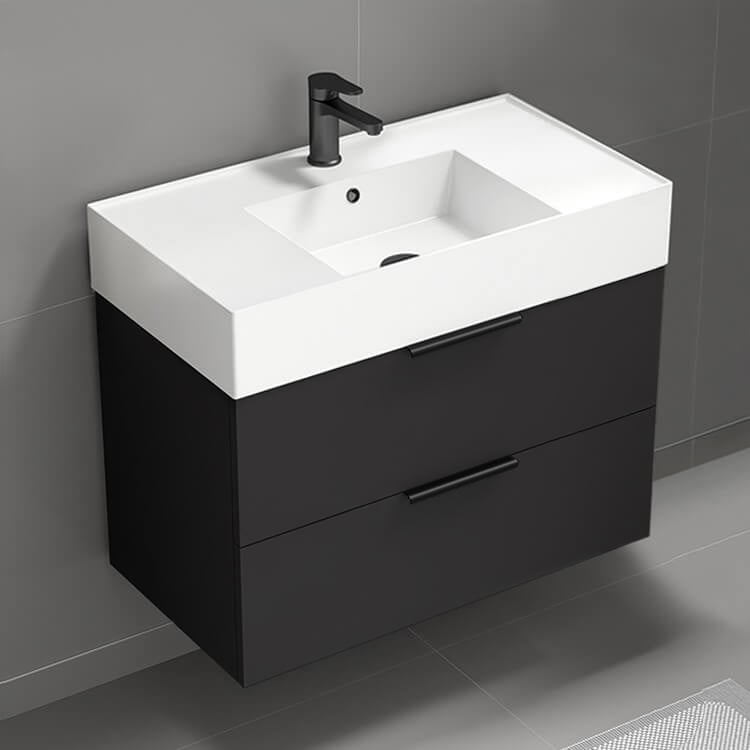 Nameeks DERIN38 32 Inch Modern Floating Single Bathroom Vanity With Ceramic Sink Top, Matte Black
