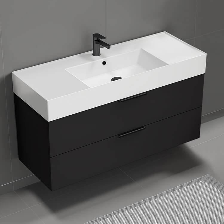 Nameeks DERIN40 48 Inch Wall Mount Single Bathroom Vanity With Ceramic Sink Top, Matte Black