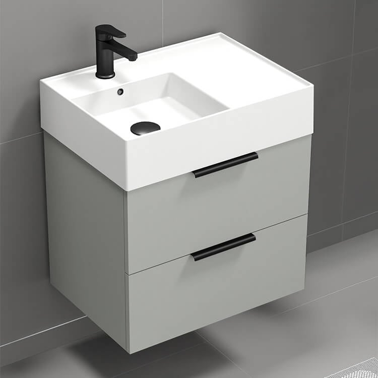 Nameeks DERIN43 24 Inch Modern Wall Mount Single Bathroom Vanity With Ceramic Sink Top, Grey Mist