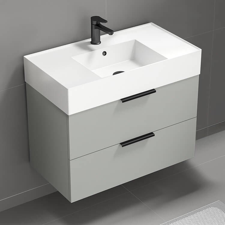 Nameeks DERIN44 32 Inch Modern Wall Mounted Single Bathroom Vanity With Ceramic Sink Top, Grey Mist