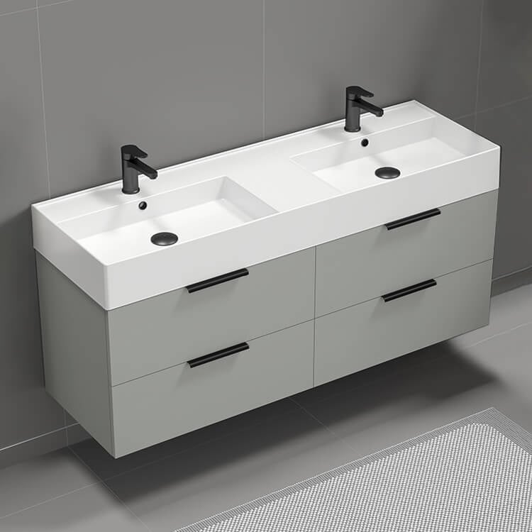 Nameeks DERIN48 Double Bathroom Vanity, Floating, 56 Inch, Grey Mist